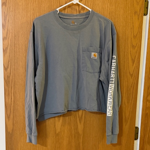 Carhartt Tops - Carhartt Slate Blue Long Sleeve Pocket Tee with Sleeve Logo Cropped Rough Hem